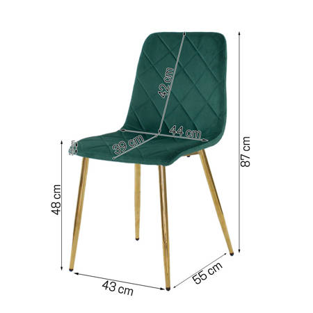 Krzesło welurowe zielone do salonu, na metalowych nogach złoty chrom, wzór karo 049A-V-GR