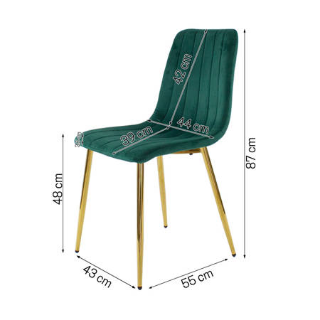 Krzesło welurowe zielone do salonu, na metalowych nogach złoty chrom, wzór pasy 049C-V-GR