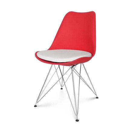 Krzesło z skórzaną białą poduszką na metalowych chromowanych nogach tulipan czerwone 219