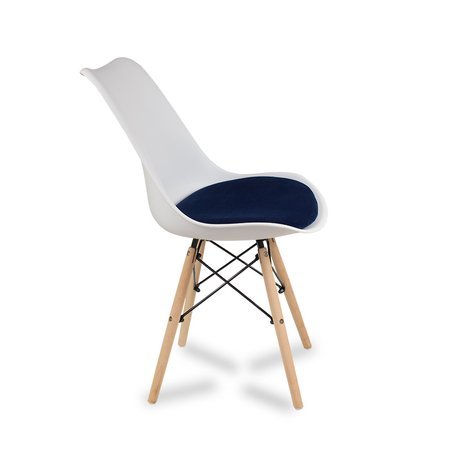 Krzesło z welurową niebieską poduszką na drewnianych bukowych nogach nowoczesne białe 053W-BL