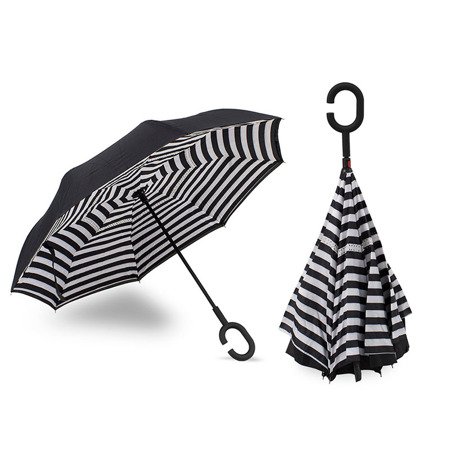 Parasol otwierany odwrotnie, parasolka odwrócona paski - czarna UC824015B