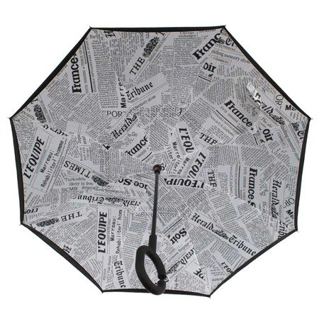 Parasol otwierany odwrotnie, parasolka odwrócona paski motyw gazety biały UC121202