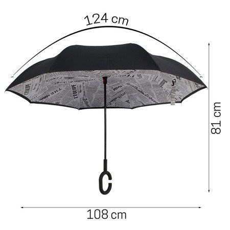 Parasol otwierany odwrotnie, parasolka odwrócona paski motyw gazety biały UC121202
