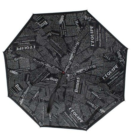 Parasol otwierany odwrotnie, parasolka odwrócona paski motyw gazety czarny UC121203