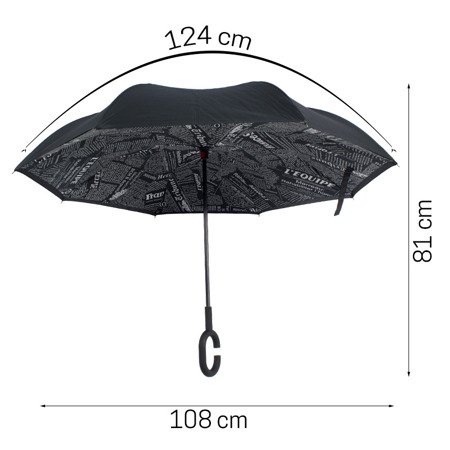 Parasol otwierany odwrotnie, parasolka odwrócona paski motyw gazety czarny UC121203