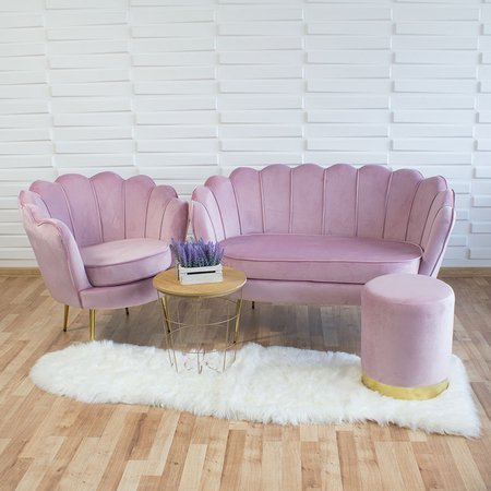 Sofa dwuosobowa welur na złotych nogach muszla S100P różowa