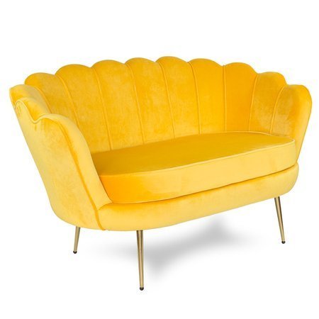 Sofa dwuosobowa welur na złotych nogach muszla S100Y żółta