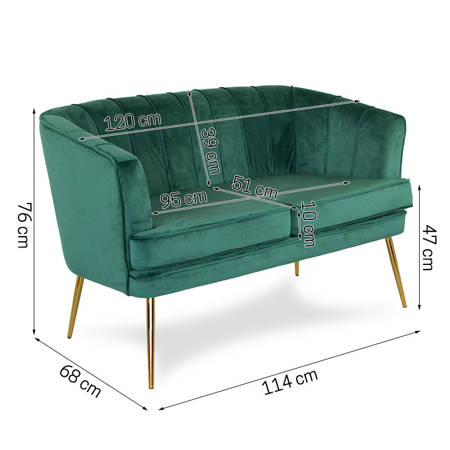 Sofa dwuosobowa welur na złotych nogach zielona S101GR