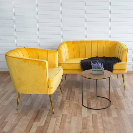 Sofa dwuosobowa welur na złotych nogach żółta S101Y