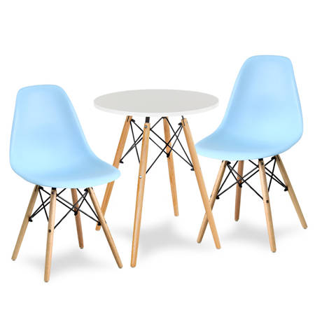 Stół okrągły S350 SEN biały + 2 krzesła niebieskie 212 zestaw kuchenny skandynawski nowoczesny