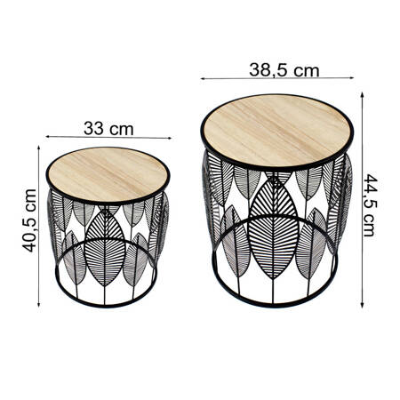 Stolik kawowy okrągły czarny, zestaw dwóch stolików kawowych ozdoba liście TAB-20