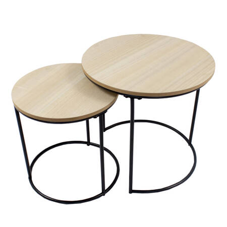 Stolik kawowy okrągły, zestaw dwóch stolików kawowych z czarnymi nogami, drewnopodobne TAB-18