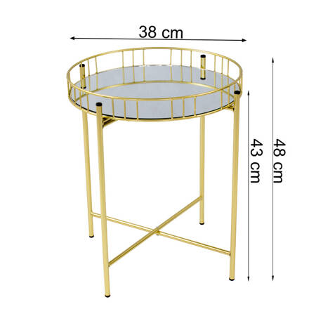 Stolik kawowy złoty, mały, metalowy, okragły blat lustro, paski TAB-164
