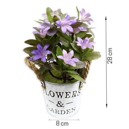 Sztuczna roślina dekoracyjna kwiatki w metalowym wiaderku fioletowe DFS025-1