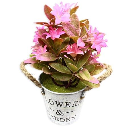Sztuczna roślina dekoracyjna kwiatki w metalowym wiaderku różowe DFS025-5
