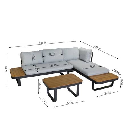 Wielofunkcyjny Zestaw Wypoczynkowy na Taras X823 - Sofa/Narożnik/Leżanka ze Stolikiem, Czarna rama, szare poduszki