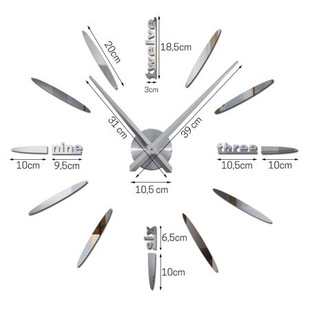 Zegar naklejany na ścianę 3D z dużymi wskazówkami srebrny  003DS 