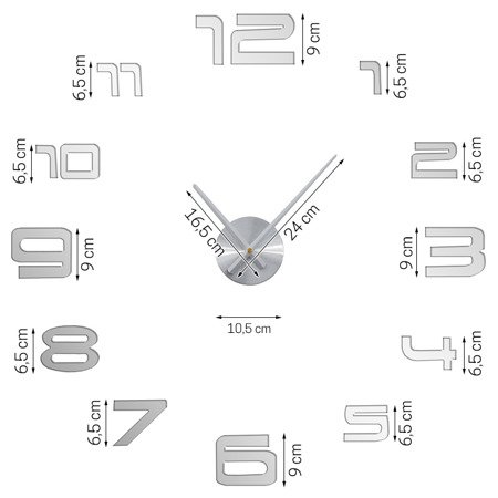Zegar ścienny 3D duży do naklejenia na ścianę lustro srebrny 007MS
