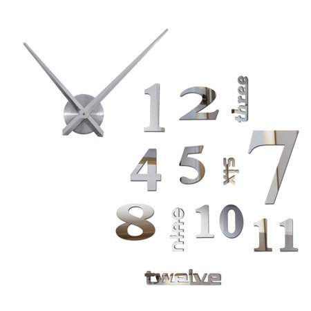 Zegar ścienny 3D duży do naklejenia na ścianę lustro srebrny Z3D-001DS