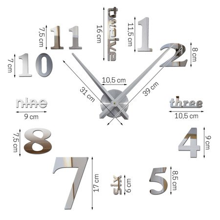Zegar ścienny 3D duży do naklejenia na ścianę lustro srebrny Z3D-001DS
