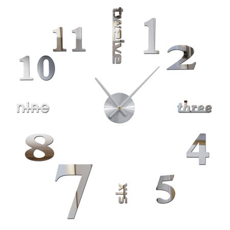 Zegar ścienny 3D duży do naklejenia na ścianę lustro srebrny Z3D-001MS