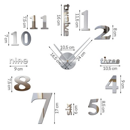 Zegar ścienny 3D duży do naklejenia na ścianę lustro srebrny Z3D-001MS