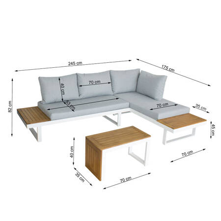 Zestaw Mebli Ogrodowych modułowych na Taras - Narożnik Sofa ze Stolikiem, Biała rama, szare poduszki X135WG