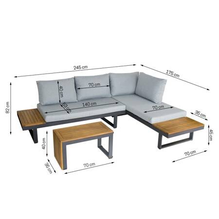 Zestaw mebli  modułowych ogrodowych. Narożnik i sofa ze stolikiem, Szary X135GG